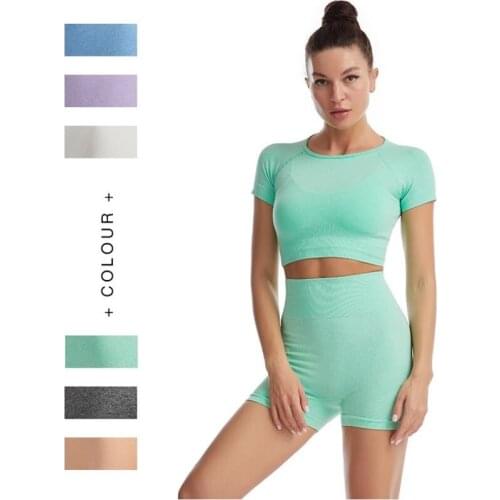 2pcs/set High Waist Women Seamless Yoga Set Gym Clothes Fitness Top Short Sleeve Shirt Shorts Sports Suits Athletic 6 colors
