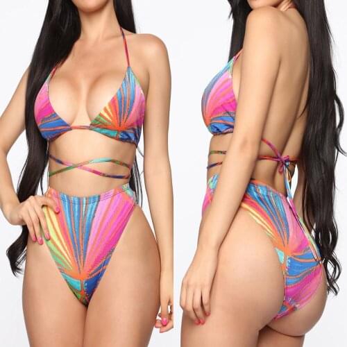 Swimsuit And Cover Up Sets Sexy Women Swimwear Beach Wear Print Triangle Top Bandage Bikini Set Cover Up Skirt Beachwear