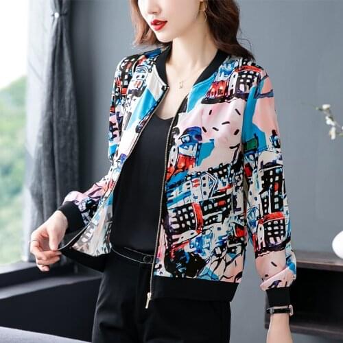 2021 Fashion Summer Women Print Bomber Jackets Thin Long Sleeve Loose Female Office Bomber Zipper Baseball Jacket Sunscreen 4XL