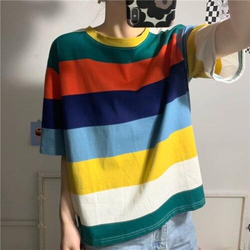 Pure cotton summer original SuFeng loose t-shirts female ins super fire rainbow striped short-sleeve splicing commuter round col