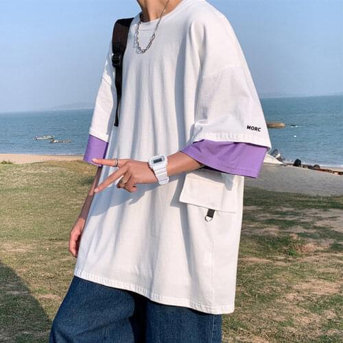 Oversized Mens T-shirt Korean Short-sleeved O Neck T-shirts Loose Harajuku Fake Two-piece Casual Summer Tops Mens Clothing