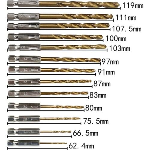 13PCS/SET 1.5-6.5MM HSS High Speed Steel Titanium Coated 1/4 Hex Shank Drilling Bit Set Tools