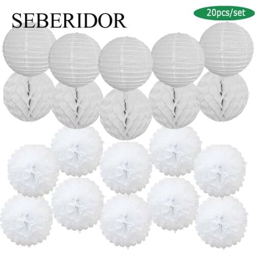 Wedding Party Favor White Set 6" 8" 10" 12" Round Paper Lantern Ball Honeycomb Tissue Pompom Pink Blue Boy Girl Baptism Decor
