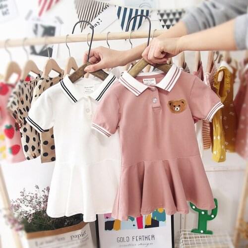 Baby girl clothes striped lapel dress cartoon bear print dress baby girl cotton summer new short-sleeved dress girl dress