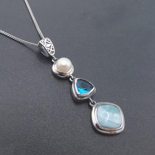 Natural Larimar 925 Sterling Silver Antique Design Blue Topaz Genuine Stone Pearl Charm Pendant Necklace for Women Gift