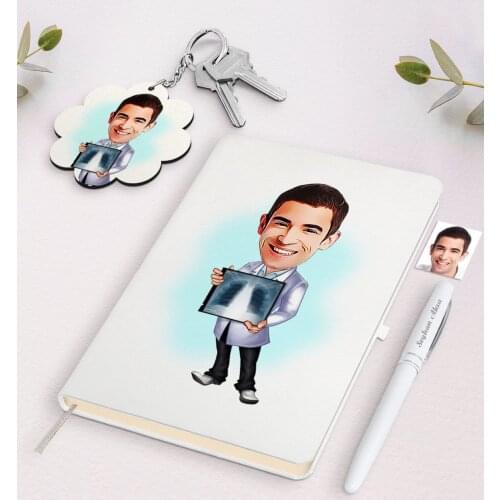 Personalized Men 'S Radiology Specialist Caricature Of White Notebook pen And Keychain Gift Set Reliable Quality Gift Daily