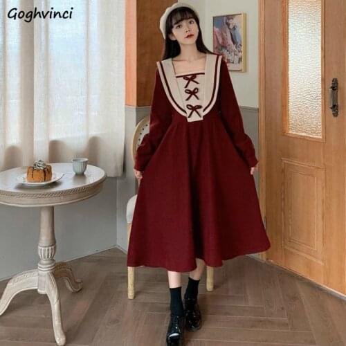 Long Sleeve Dress Womens Sailor Collar Patchwork Kawaii Bow Bandage Corduroy Loose A-Line French Style Retro Lady Vestidos Daily