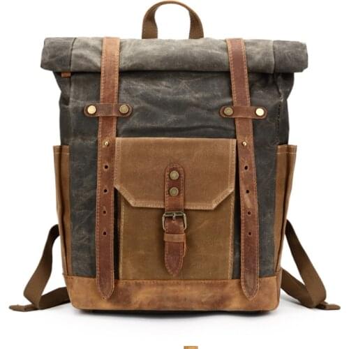 Waxed Canvas Backpack Patchwork Color Waterproof Canvas Bag Men Outdoor Travel Packsack Large Capacity Laptop Rucksack