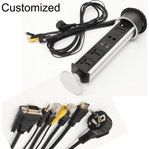 USA/UK/AU/EU/Israel/Indian/Brazil plug + 3 Universal power +2charge USB+led light furniture desktop kitchen pull up socket