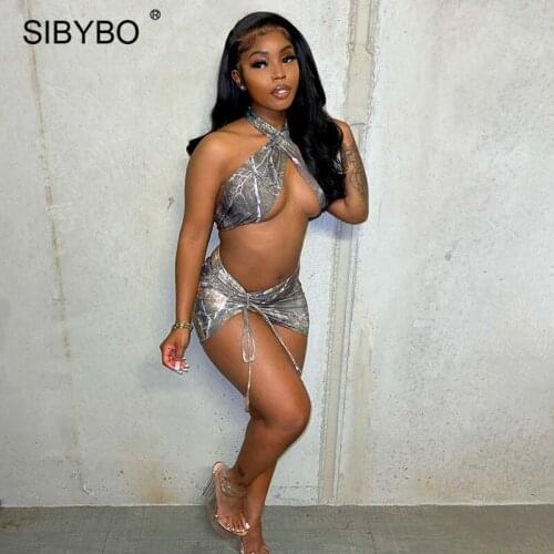 Sibybo Summer Women Printted Skirts Outfits Two Piece Set Sexy Halter Cross Strap Vest Mini Skirt Sets Female Night Party Suits