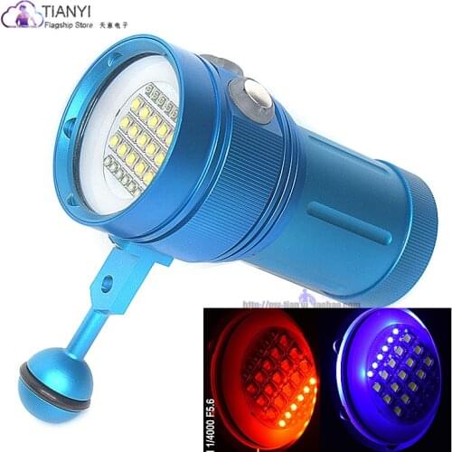 Professional Diving Light 15 XML2+6 Red+6 UV LED Photography Video Dive Flashlight Lamp Underwater 100m Scuba Video Light
