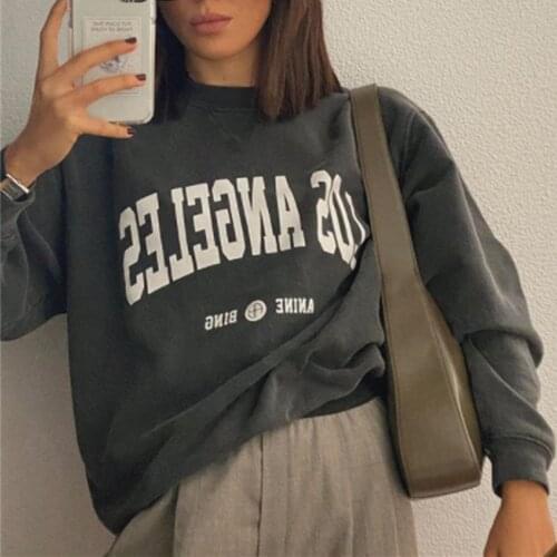 Women Hoodie 2021 Autumn and Winter Letters LOS ANGELES Printed Dark Gray 100% Cotton Sweatshirt