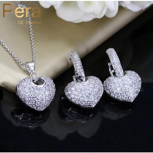 Pera High Quality Clear Hoop AAA+ Cubic Zirconia Micro Pave Romantic Women Party Big Heart Shape Necklace and Earrings Sets J219