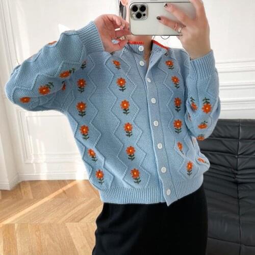 Brand Design Luxury Flower Embroidery O-Neck Clothes Top 2021 Spring Sweater Women Knit Coat Cardigan Retro Blue Sweet Knitwaer