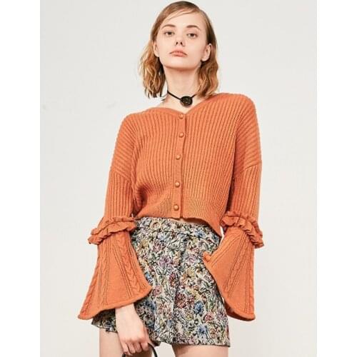 Women Knit Cardigan V-neck Solid Crop Sweater Pearl Button Casual Fashion Elegant Office Ladies Flare Sleeve Sweater XZ757