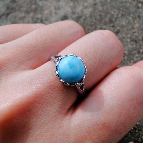 Engagement Wedding Silver Ring 9.0mm Dominica Natural Larimar Ring in 925 Sterling Silver Jewelry For Gift