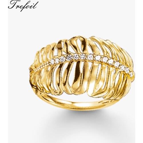 Gold Color Feather Rings, 925 Sterling Silver Fashion Jewelry Trendy Ethnic Party Gift For Women Girls 2018 New Bague Femme
