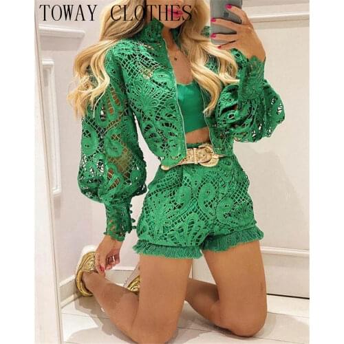 Round Neck Long Sleeve Lace Contrast Hollow-Out Shorts With Lantern Sleeve Coat Chic Sexy 2PCS