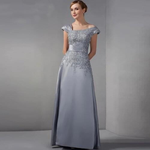 2020 Hot Sale Gray A Line Lace Cap Sleeves Mother of the Bride Dresses Applique Beads Wedding Guest Gowns Full Length