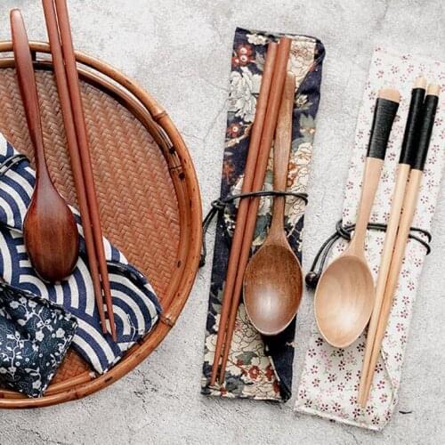 3Pcs Portable Wooden Spoon Chopsticks Outdoor Travel Picnic Reusable Tableware Lunch Cutlery Set