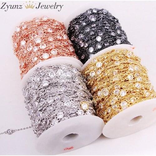 5 Meters ZYZ323-9181 CZ Beaded Chain- 6mm Cubic Zirconia Beads - Rose Gold Gunmetal Gold Silver Color Bezel Chain Findings