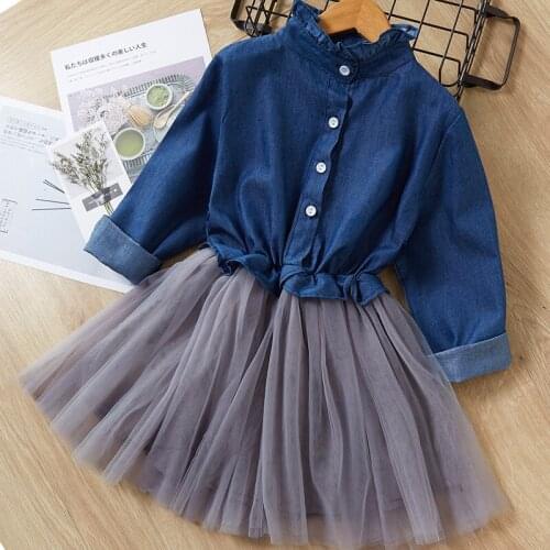 Girls Clothes Sets 2019 Autumn Style Kids Long-Sleeve Denim Bow White Mesh Dress Children Suits For Kids Dress