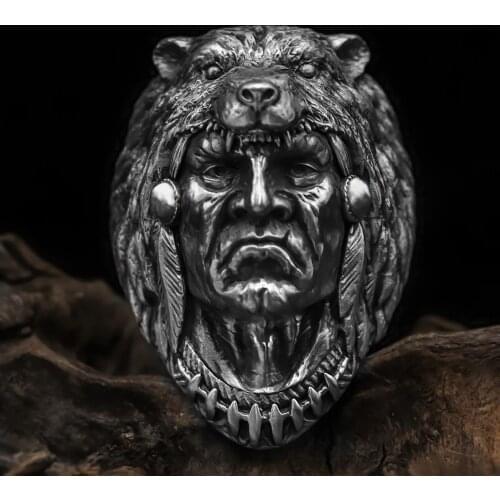 Cool Men Fashion Vintage Indian Warrior Biker Ring 316L Stainless Steel Ring Wolf Head Rings Punk Jewelry Unique Gift