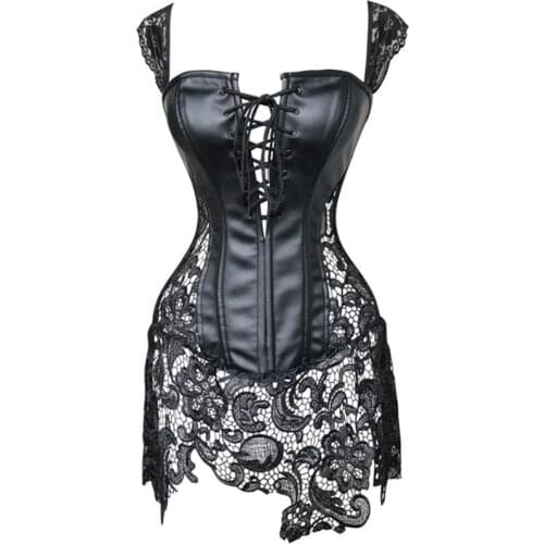 Lace Black Overbust Corset With Straps Women Steampunk Corset Vest Sexy Faux Leather Front Closure Zipper Corset Dress