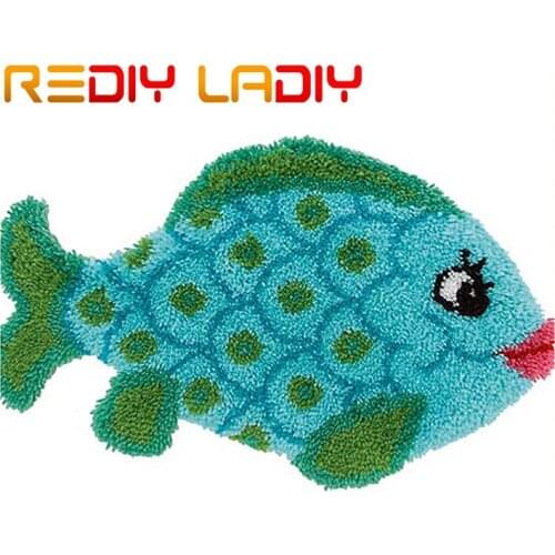 Latch Hook Rug Kits Crocheting Carpet Rug Blue Fish Cartoon Acrylic Yarn Printed Canvas Cushion Mat Crochet Tapestry Sofa Decor
