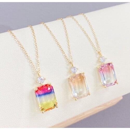 BOTU 2021 Hot Sale Colorful Square Zircon Color Pendant Necklace Female Micro-Inlaid Real Gold Plating Jewelry for Women Bijoux