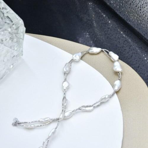 Fashion Jewelry Female Baroque Freshwater Pearl Simple Sweater Chain Whole Body 925 Silver Special-shaped Pearl Beaded Chain