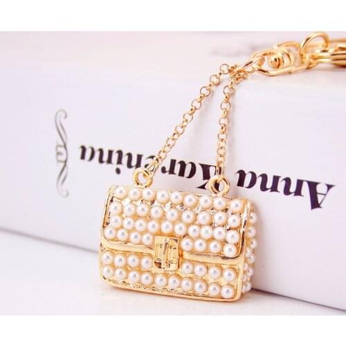 Fashionable cute woman bag shape keychain commemorative gift inlaid pearl chain key ring car pendant