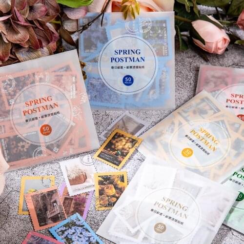 50pcs Spring Postman Series Vintage Flower Sticker Decorative Stamp Stickers For Scrapbooking Envelopes Journal Diary Planner