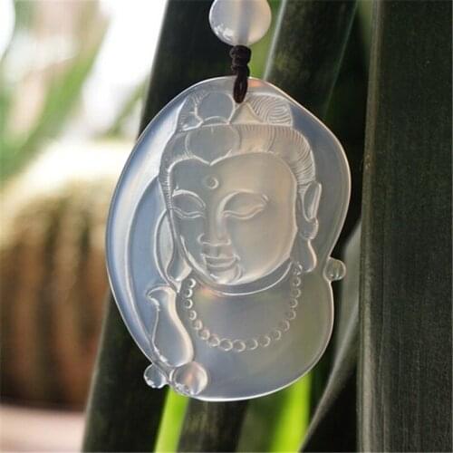 Natural Chinese Jade White Jade Pith Guanyin Hand Carved Jade Pendant Fashion Mens and Womens Life Buddha Necklace JewelryGift