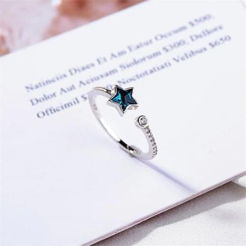 New Fashion Beautiful Deep Sea Blue Five-pointed Star 925 Sterling Silver Jewelry Personality Fresh Crystal Opening Rings SR521