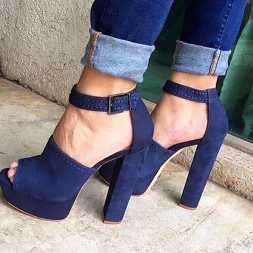 Sexy Blue Suede High Platform Pumps Peep Toe Buckle Ankle Strap Dress Shoes Cut-out Chunky Heel Pumps Big Size 10