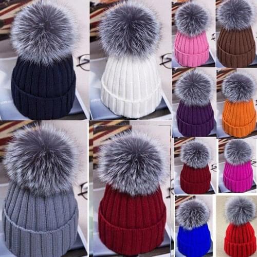 Fashion Large Ball Womens Hat Winter Fox 15cm Fur Pom Pom Knit Beanie Ski Cap Bobble