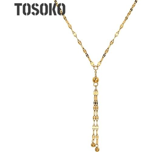 TOSOKO Stainless Steel Jewelry Lips Small Golden Bean Steel Ball Tassel Clavicle Chain Womens Fashion Nnecklace BSP1011