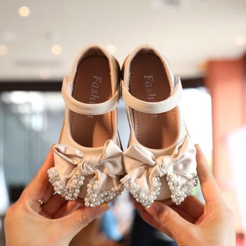 Kid Square Heel Shoes Girls Mary Pearl Bowknot Jane Dress Shoes 2021 Wedding Party Princess Shoes For Child Non-slip Walk 23-34