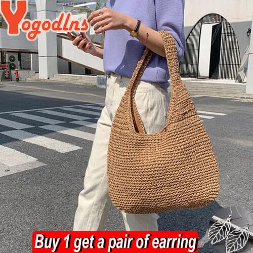 Yogodlns Summer Straw Bag For Women Woven Handmade Handbag Large Capacity Lady Tote Vacation Beach Bag Rattan Shoulder Bag Bolsa