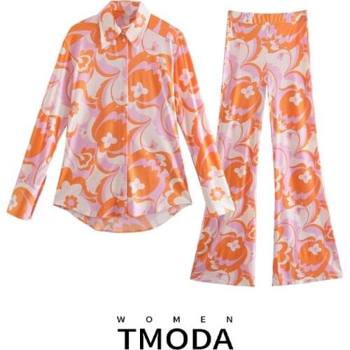 TMODA1648 Two Piece Set Women Za 2021 Floral Print Long Sleeve Shirts Woman Tracksuits High Waist Flare Pants Trousers Female