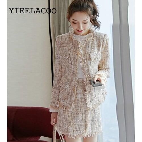Khaki tweed jacket + Skirt suit sequined fabric Spring /Autumn womens jacket ladies 2 piece Elegant Professional Set