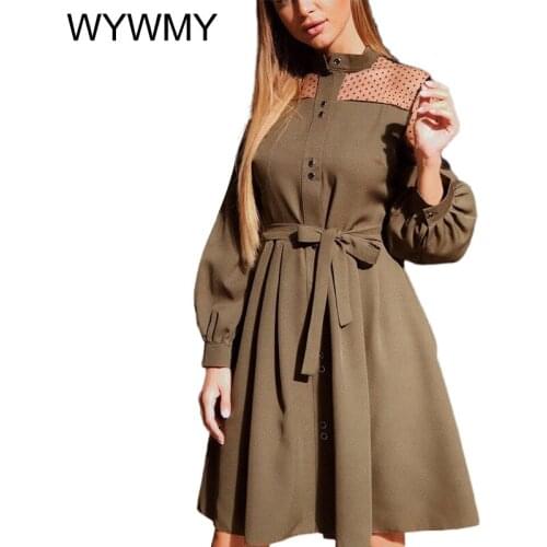 Women Sexy Lace Patchwork a Line Party Dress Ladies Long Puff Sleeve Stand Collar Elegant Dress 2021 Women Knee-Length Dresses