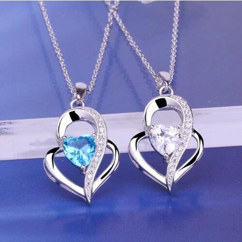 2018 New 925 sterling silver Heart-shaped necklace Female sea Blue Zircon pendant Simple clavicle chain for woman jewelry