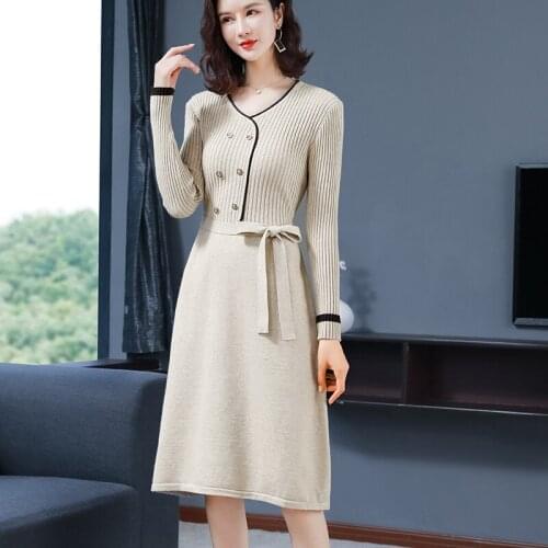 Big Size Dress Womens Mid-long Bottoming Shirt Fall Winter Double Row Metal Button V-Neck Ladies Long-Sleeved Lace-up Dress