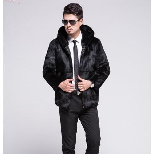 Winter autumn thicken thermal rabbit fur leather jackets men casual clothing mens coats outerwear fashion hooded black warm