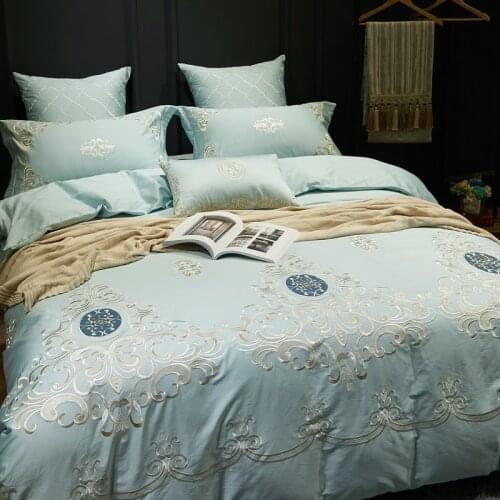 100% Egyptian Cotton blue Luxury Royal Bedding set Embroidered Queen King Size Duvet Cover Bed linen set Decorative Pillowcase