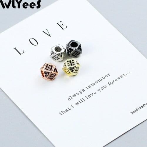 WLYeeS 2pcs Geometric Pendant Black Zircon Copper beads 7mm metal Spacer Loose beads For Jewelry bracelet making DIY Accessories