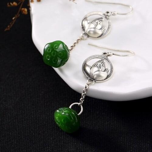 2018 Hot Sale Direct Selling Jasper Brinco Deer S925 Pure Antique Inlaid And Field Jade Lotus Lady High-end Earrings Wholesale