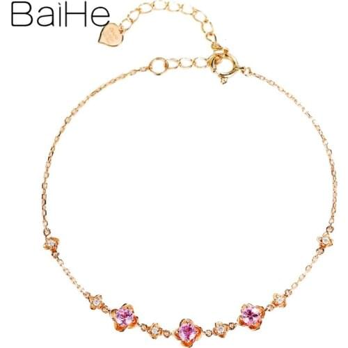 BAIHE Genuine Solid 18K Real Rose Gold 0.40ct Natural Pink Sapphirs 0.05ct Diamond Fine Jewelry Flower bracelet Women Trendy